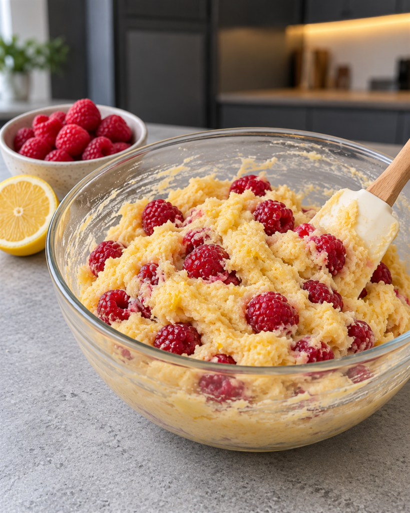 Whole raspberries being folded into lemon cookie dough in a glass bowl