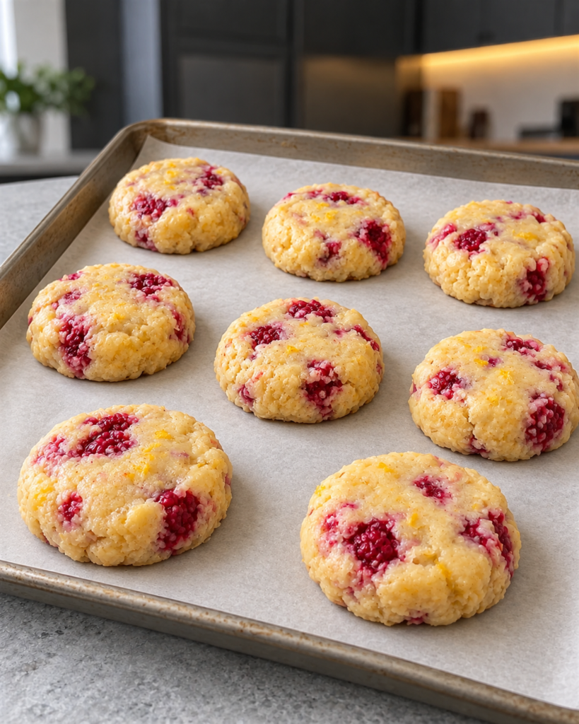 Eight thick lemon raspberry cookie rounds on a parchment-lined baking sheet