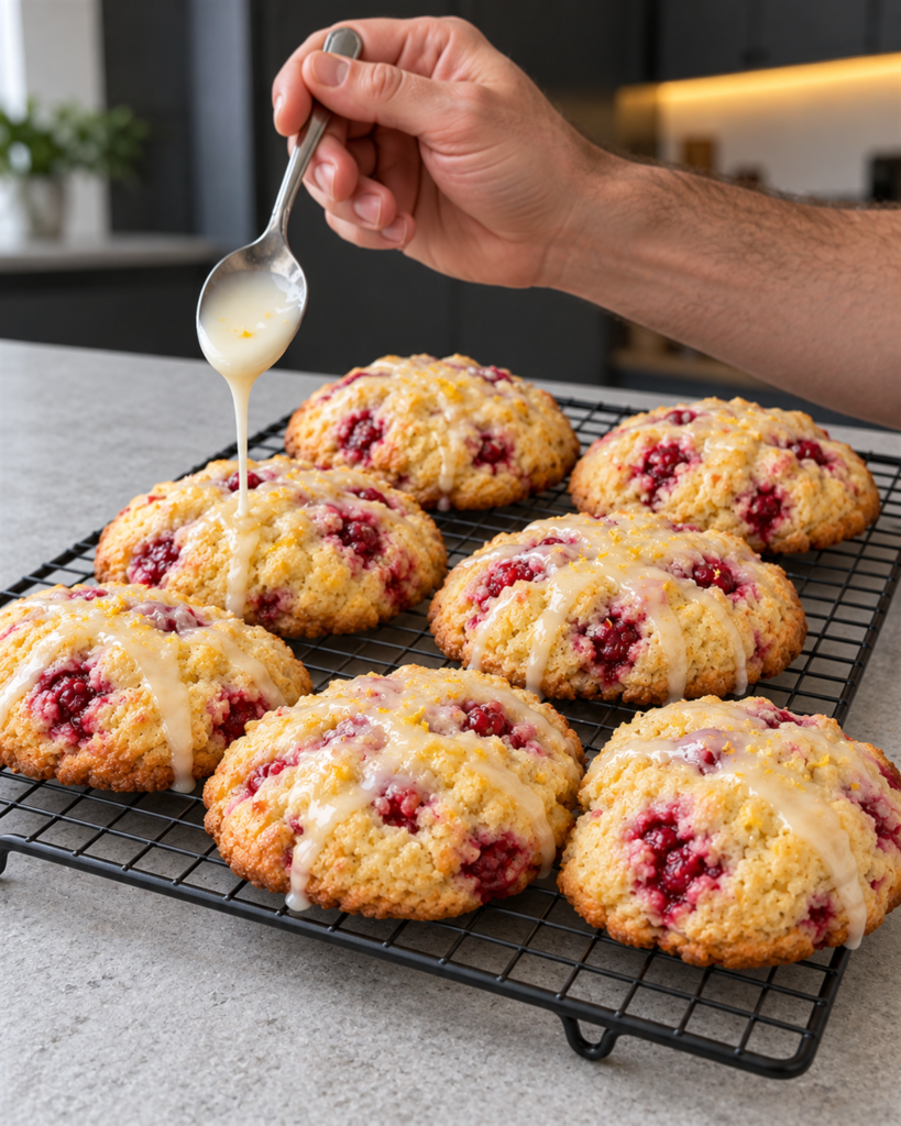 Lemon glaze being drizzled over baked lemon raspberry cookies on a rack