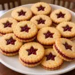 Sugar-free cranberry orange Linzer cookies with star windows showing red cranberry filling on a white plate