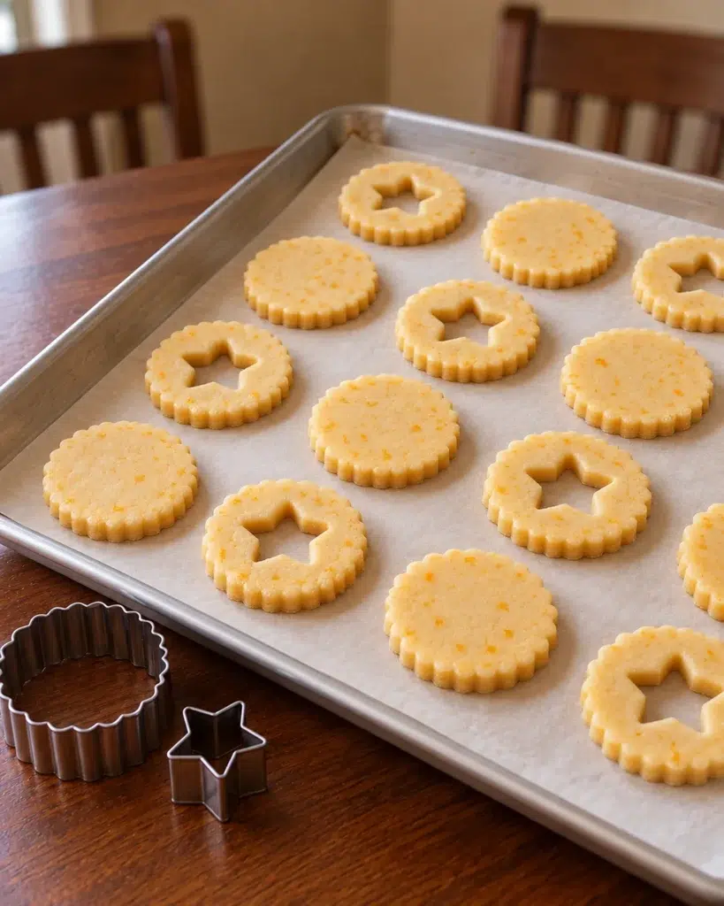 Raw fluted cookie rounds with star cutouts on a baking sheet