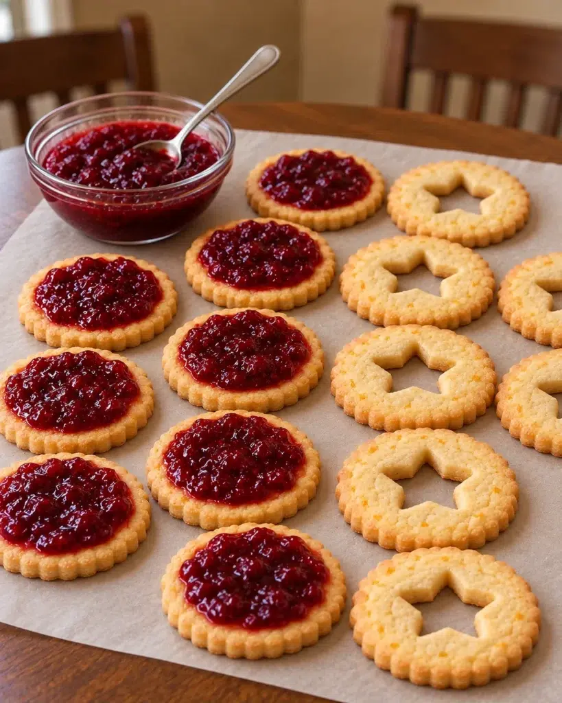 Baked cookies spread with thick cranberry filling