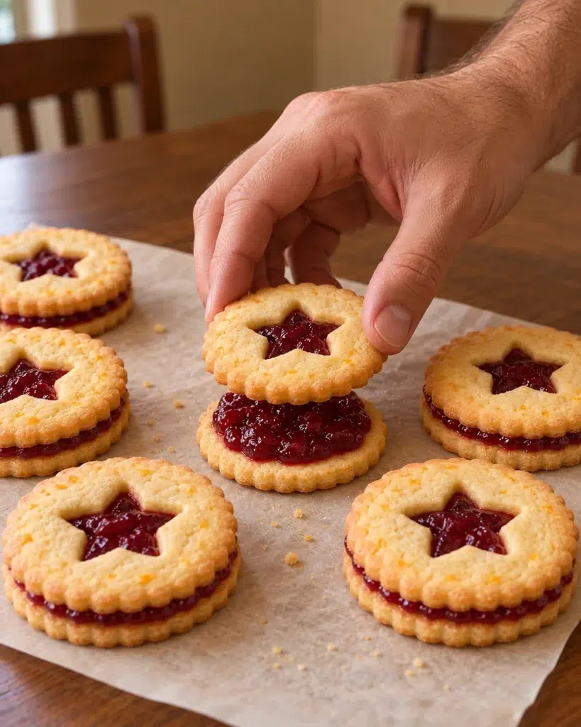 Star-window cookie placed on a cranberry-filled Linzer cookie