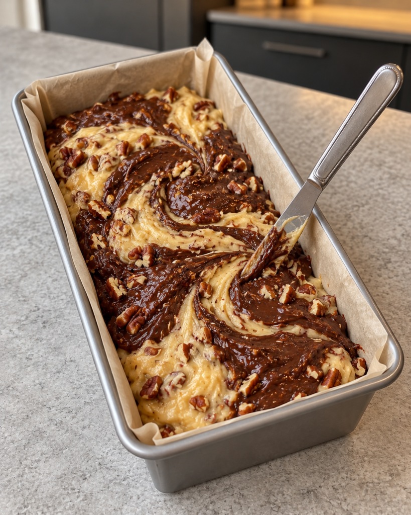 Vanilla and chocolate pecan batter being swirled with a knife in a parchment-lined loaf pan