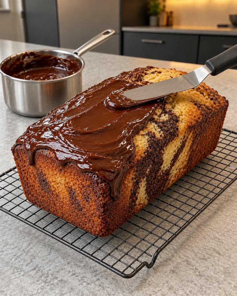 Glossy chocolate ganache being spread over a cooled marble loaf cake on a wire rack