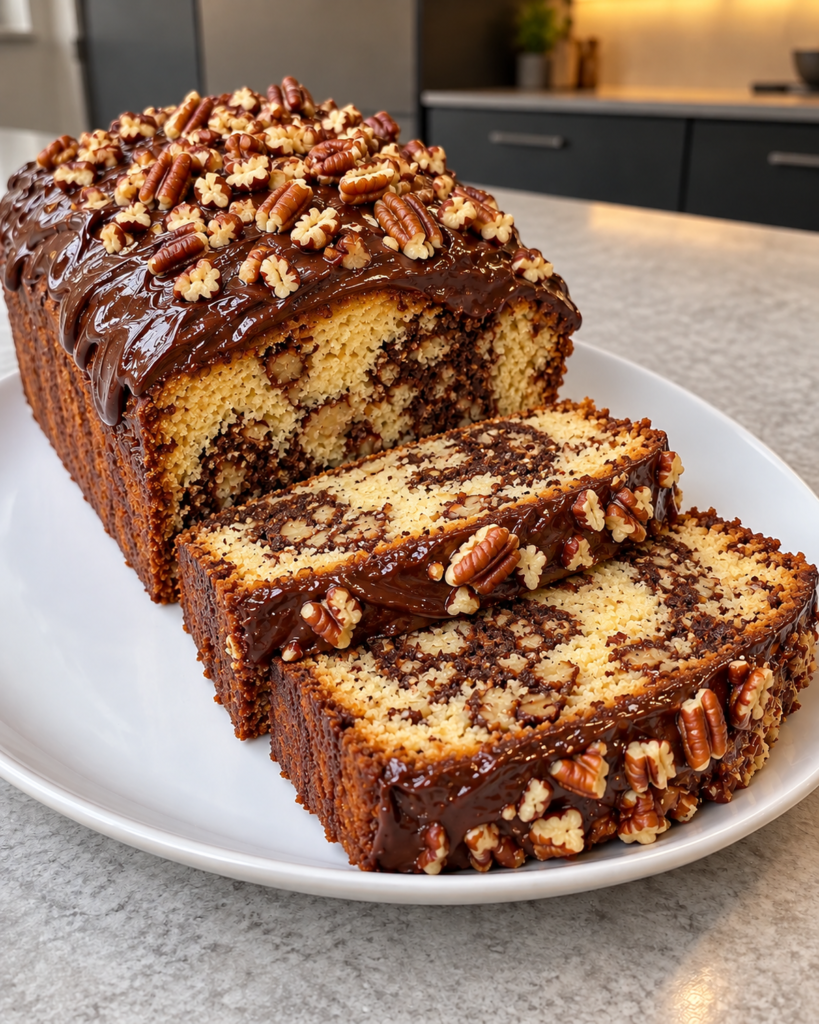 Sugar-free marble loaf cake slices showing vanilla and chocolate swirls with pecans