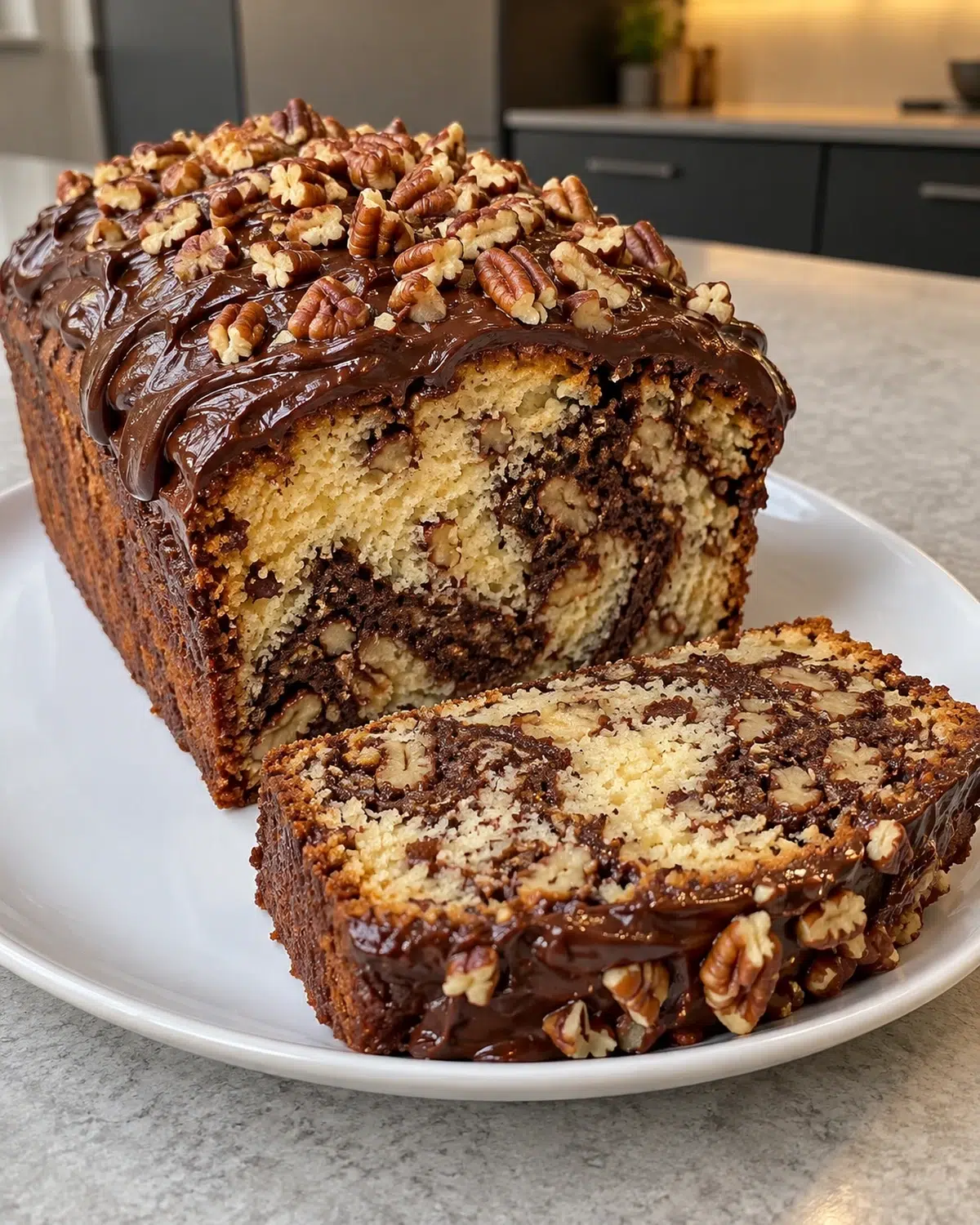 Sugar-free marble loaf cake with chocolate ganache and chopped pecans, sliced to show the swirl