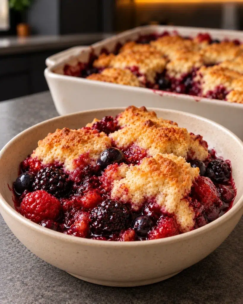 Sugar-free mixed berry cobbler served warm in a speckled bowl with the baking dish behind