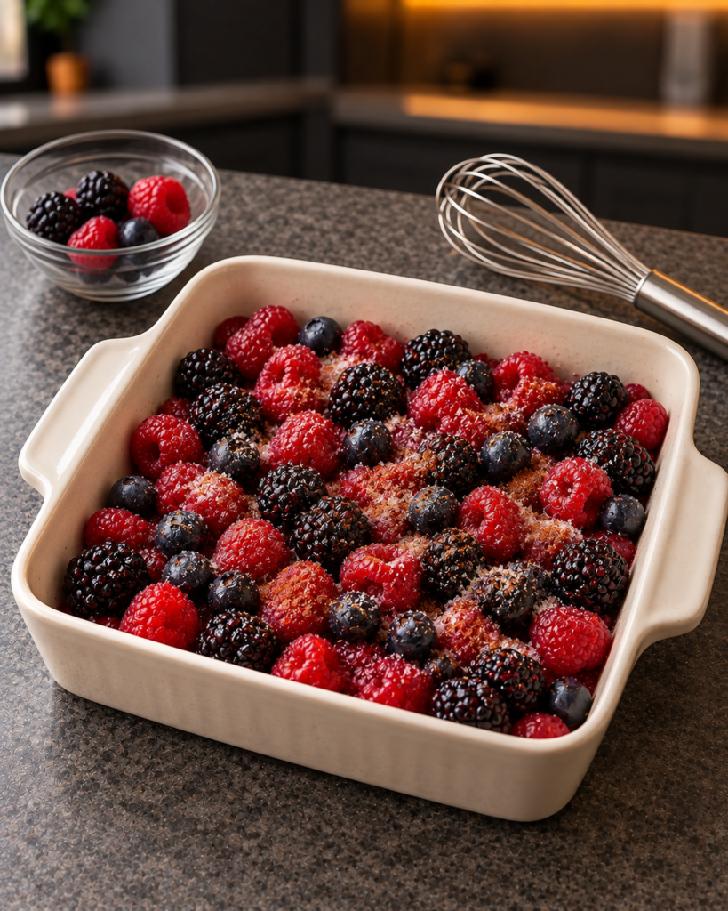 Raspberries, blackberries and blueberries tossed with sweetener in a square ceramic baking dish