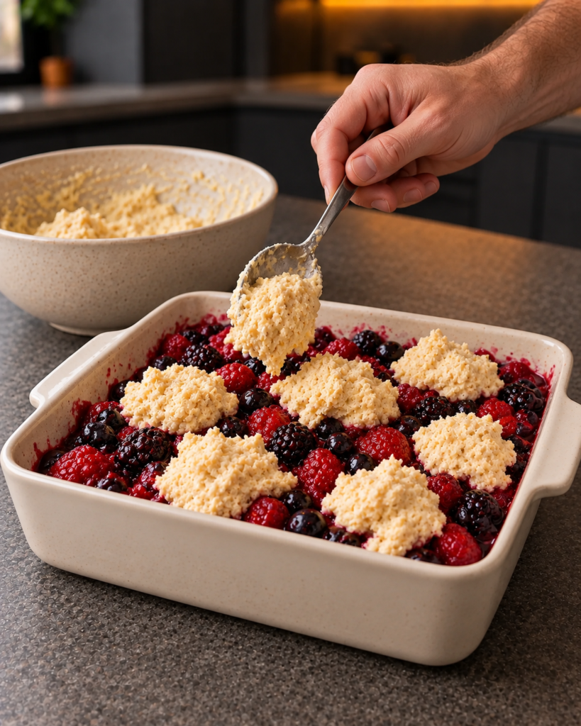 Spoonfuls of almond flour cobbler dough dropped over the berries in the dish