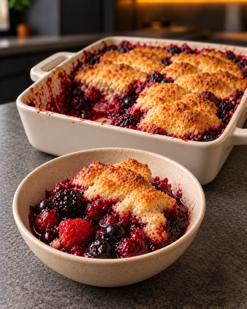Sugar-free mixed berry cobbler served in a speckled bowl, baked dish behind