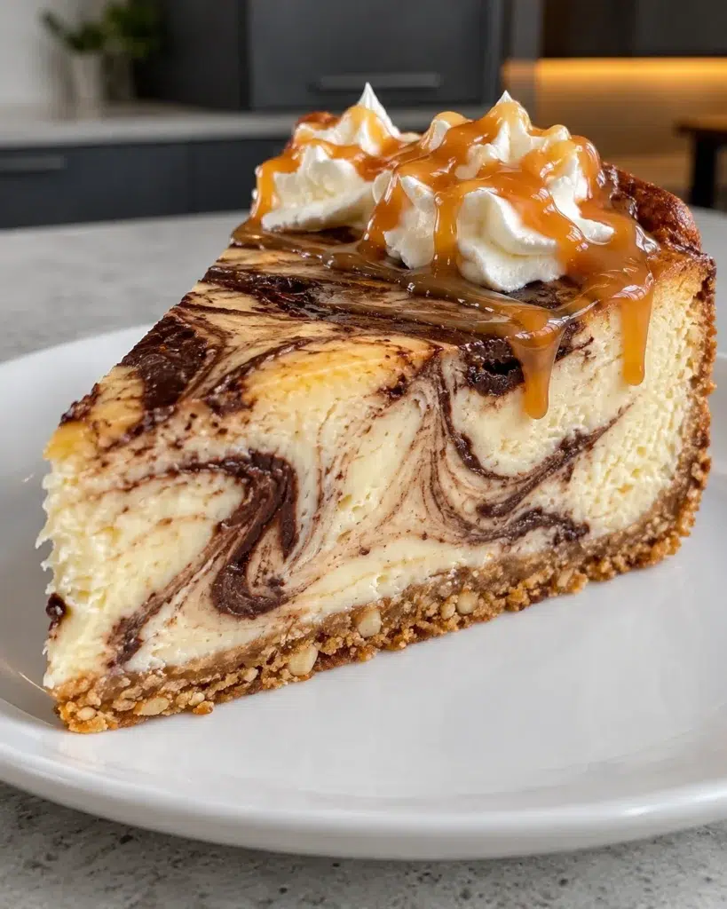 Slice of sugar-free mocha cheesecake with chocolate-coffee swirls, whipped cream and caramel drizzle
