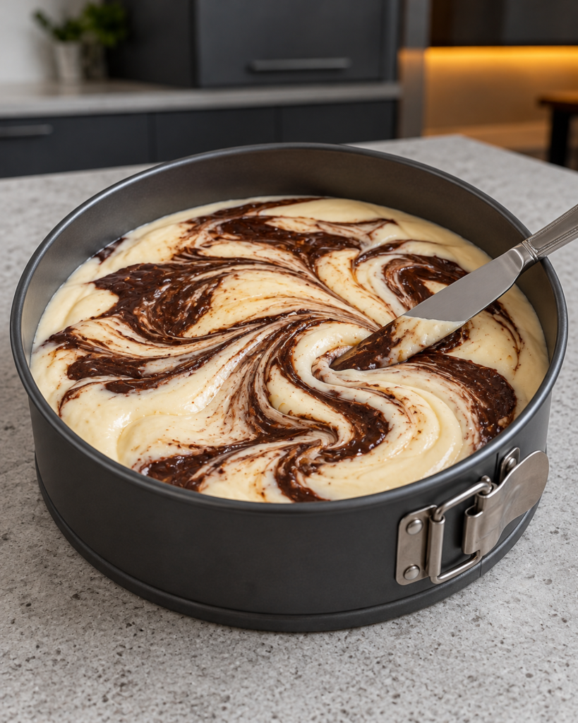 Plain and chocolate-coffee cheesecake batter being swirled in a springform pan