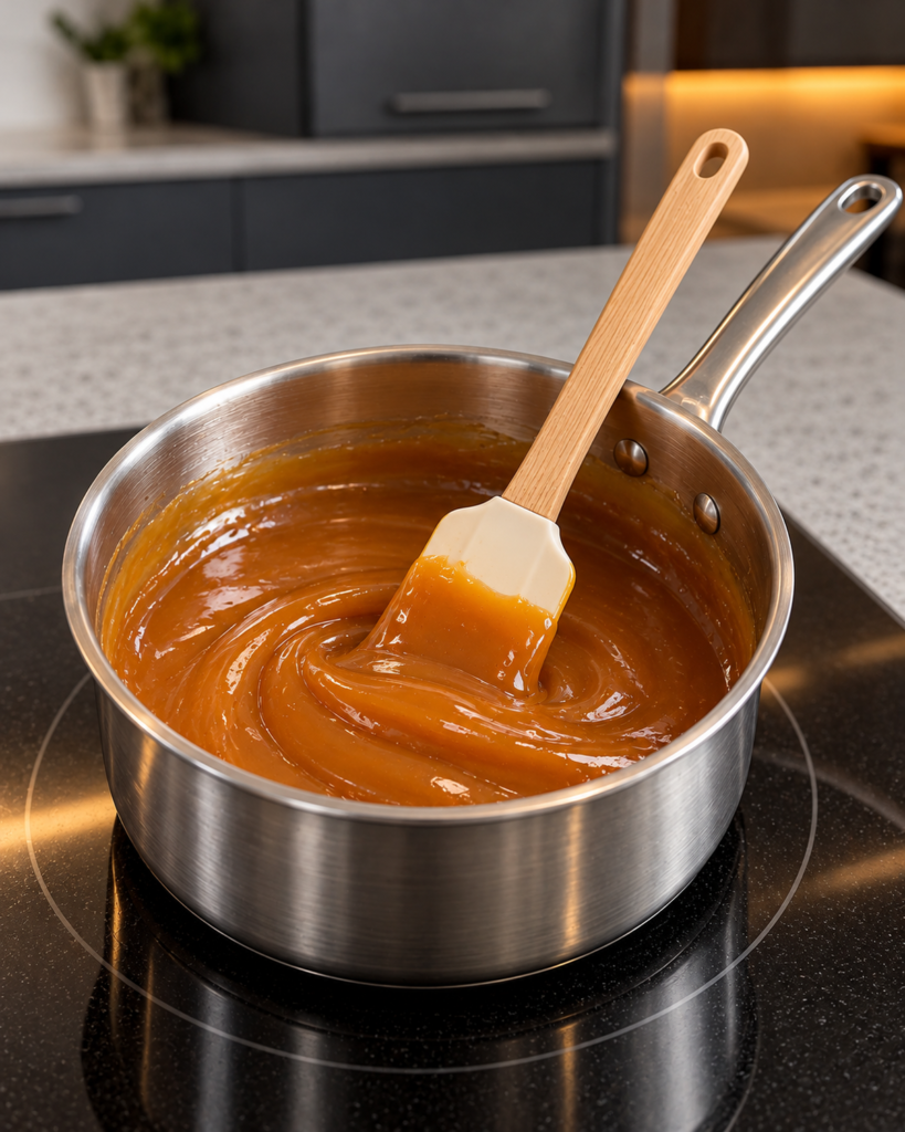Golden allulose caramel being stirred in a small saucepan
