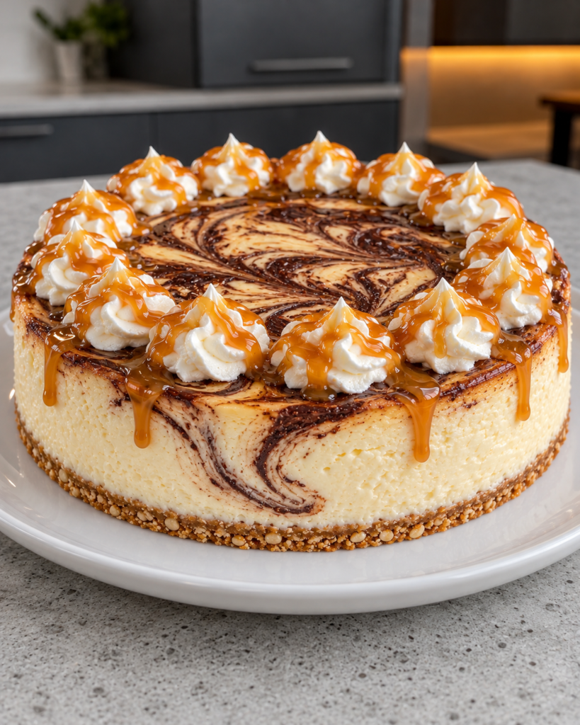 Whole sugar-free mocha cheesecake with cream rosettes and caramel drizzle