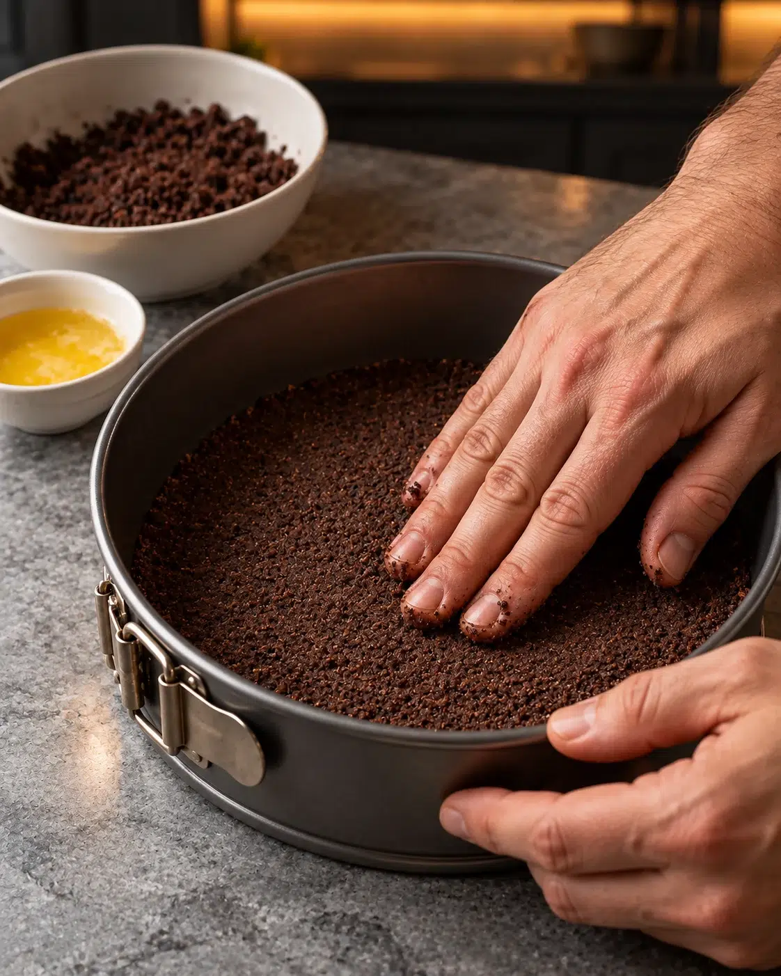 Male hands pressing a thin dark cocoa crust into a lined 7-inch springform pan