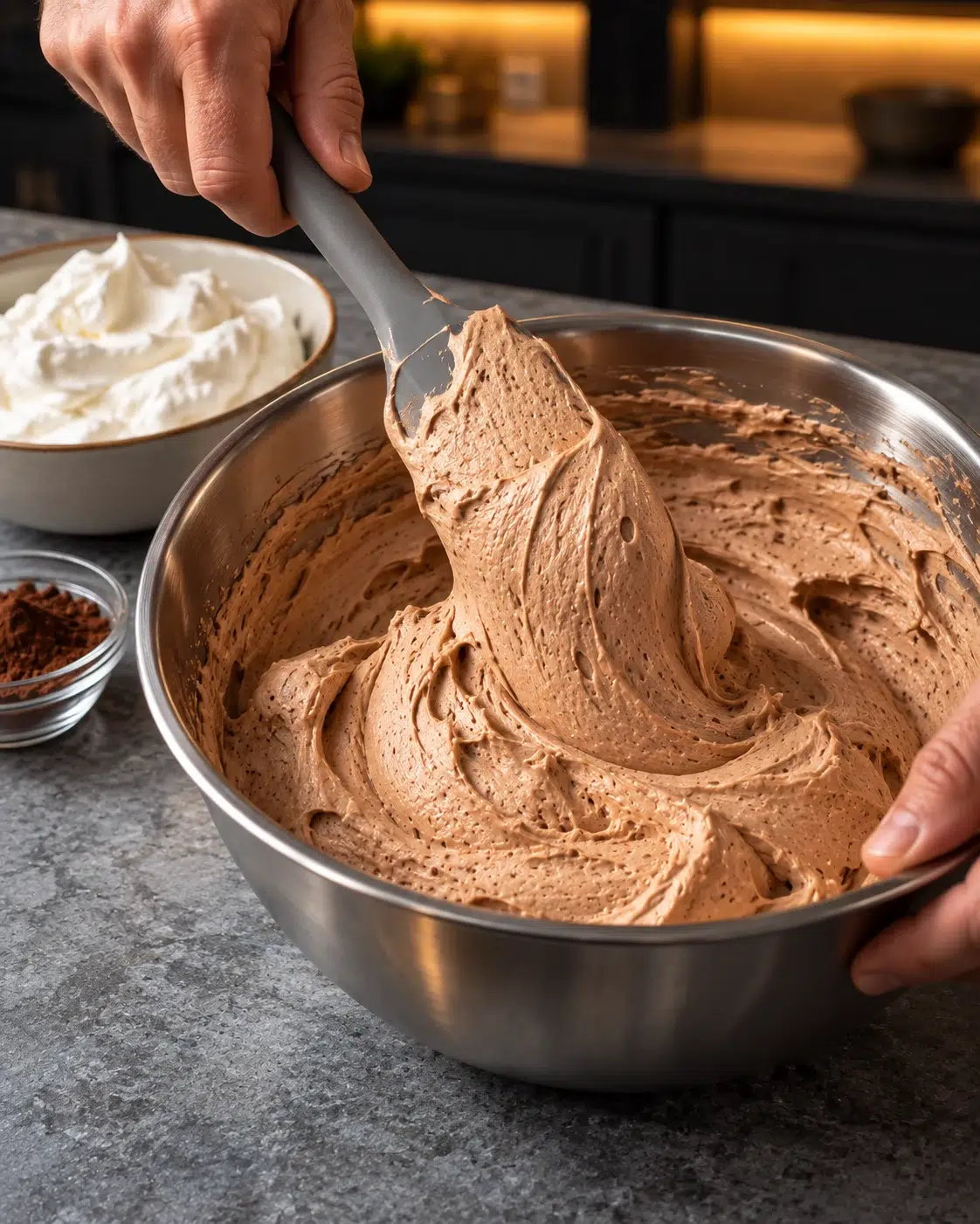 Whipped cream folded into a pale mocha filling in a stainless steel bowl