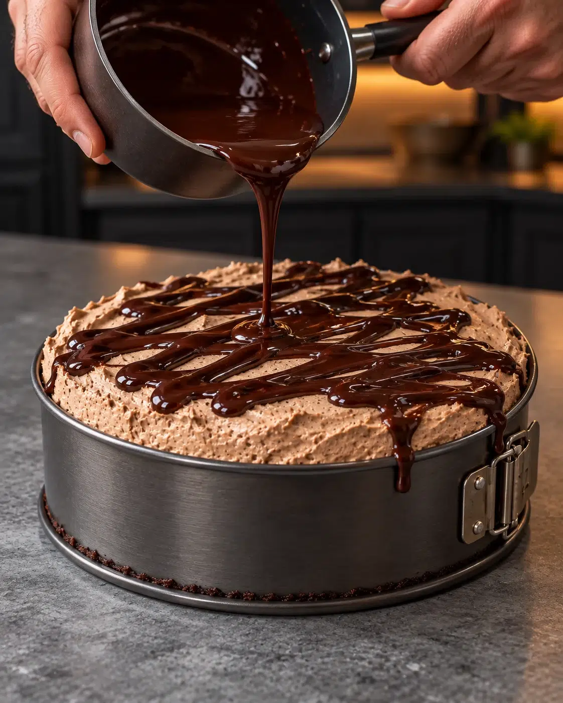Melted dark chocolate drizzled over the tall mocha cream pie still in its pan