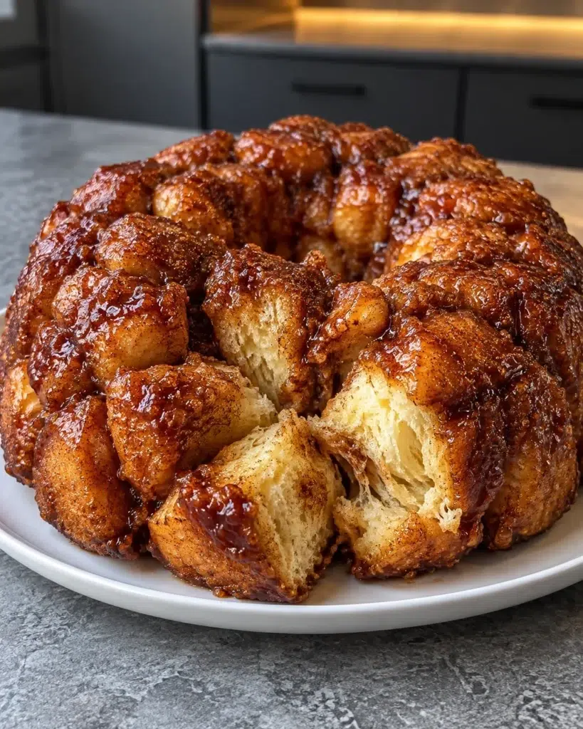 Sugar-free monkey bread glazed with cinnamon caramel on a white plate, two pieces pulled apart