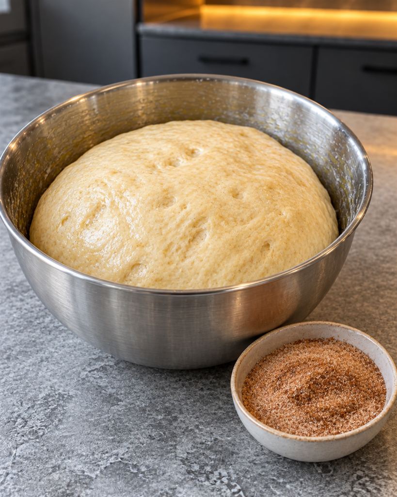 Soft risen dough in a steel mixing bowl beside a dish of cinnamon sweetener