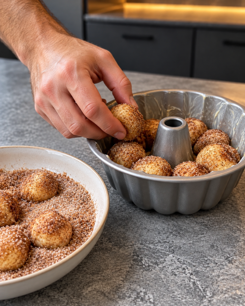Cinnamon-coated dough balls placed around the tube of a small Bundt pan