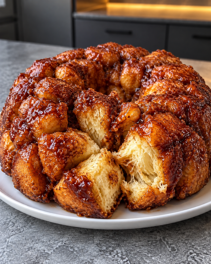 Sugar-free monkey bread glazed with caramel, two pieces pulled apart