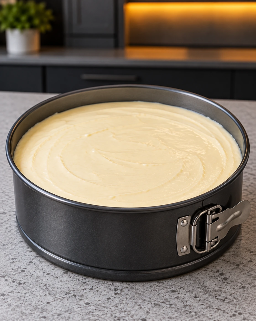 Cheesecake filling poured over a thin almond crust in a springform pan