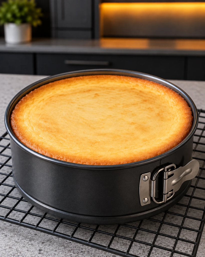 Baked sugar-free New York cheesecake cooling in its springform pan