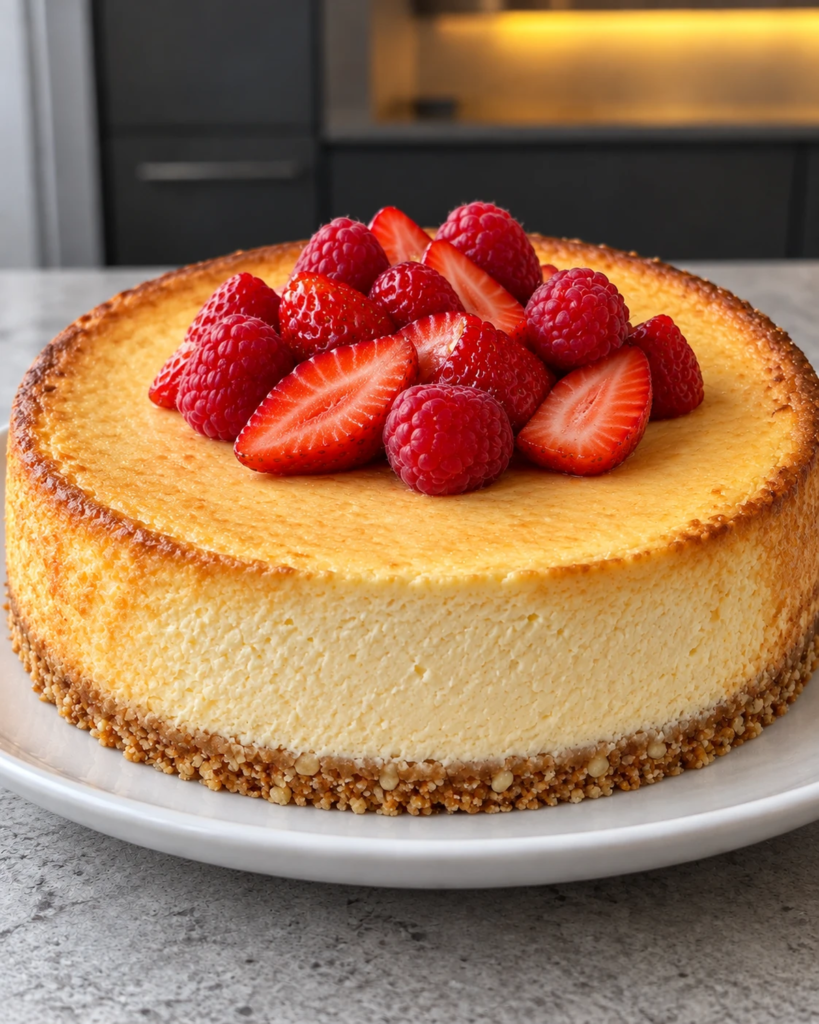 Whole sugar-free New York cheesecake topped with fresh strawberries and raspberries