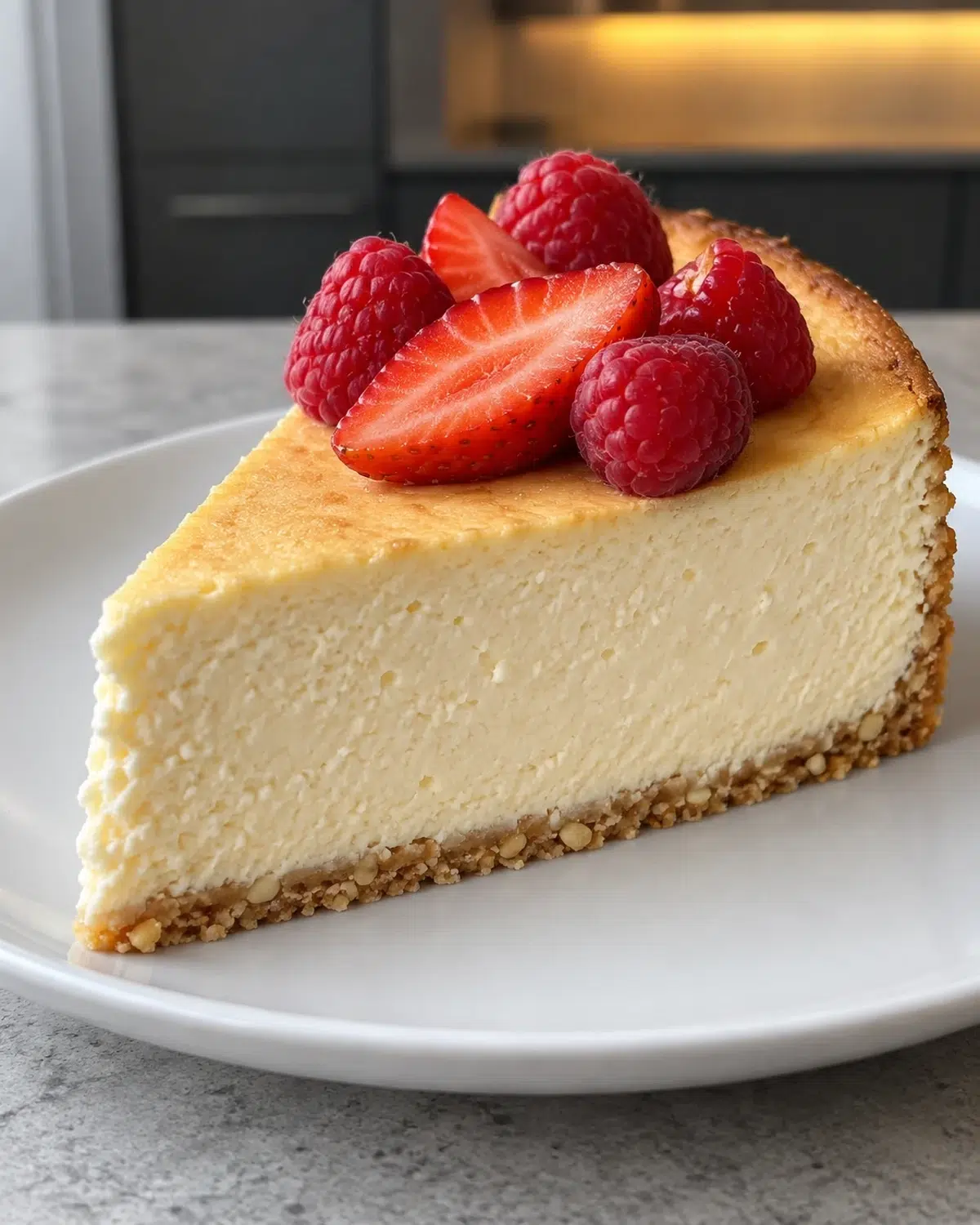 Slice of sugar-free New York cheesecake topped with strawberries and raspberries