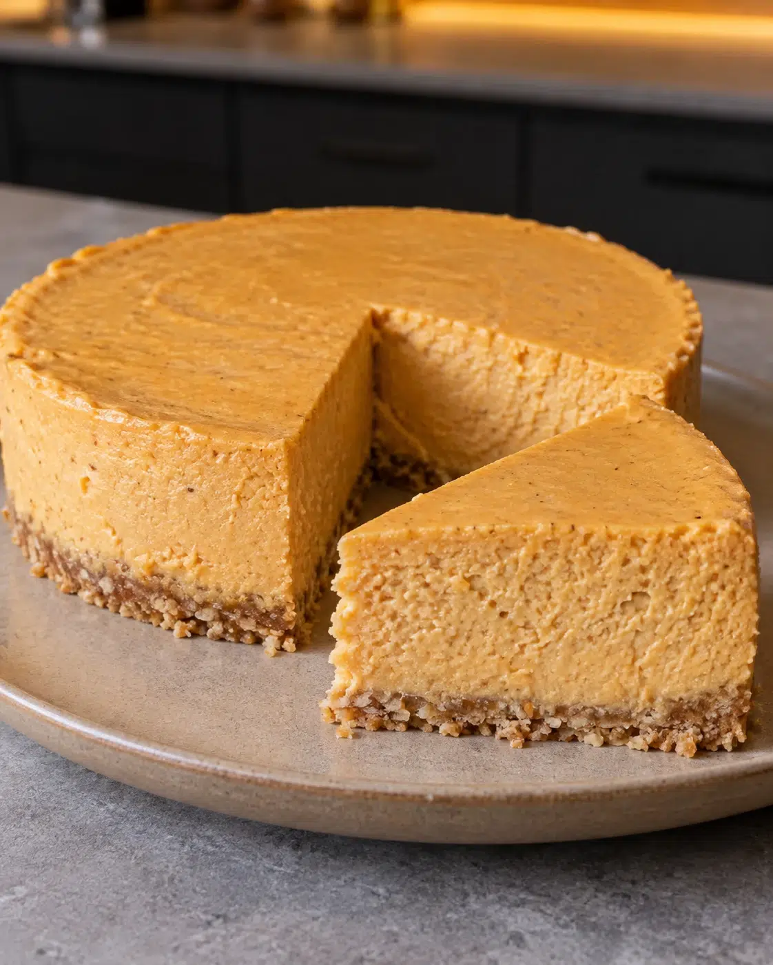 Sugar-free no-bake pumpkin cheesecake with an almond crust, one wedge cut and pulled forward