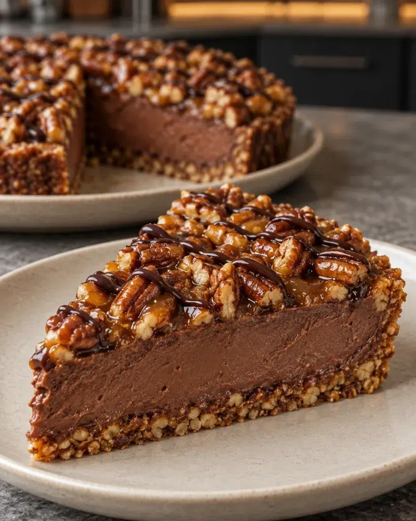 Sugar-free no-bake turtle pie slice with caramel pecans and thin chocolate drizzle on a beige plate