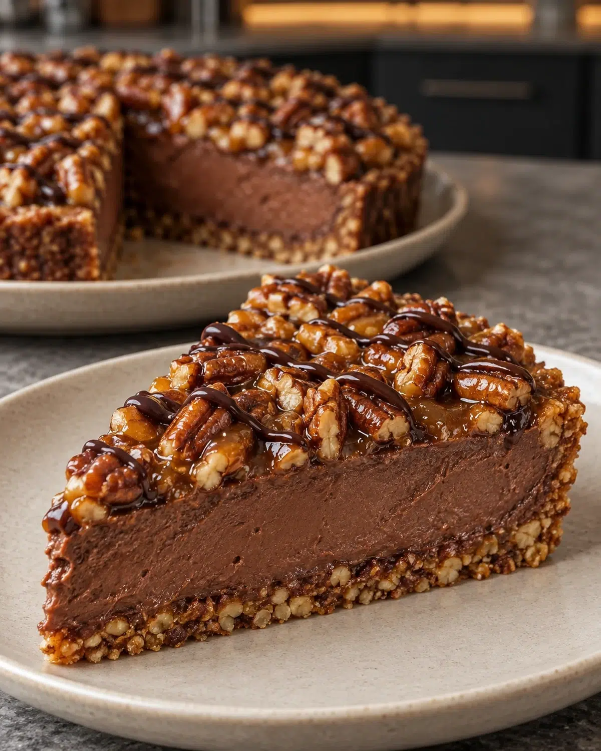 Sugar-free no-bake turtle pie slice with caramel pecans and thin chocolate drizzle on a beige plate