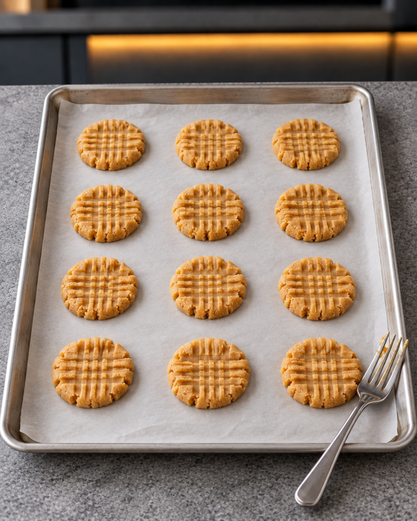 Twelve unbaked sugar-free peanut butter cookies with fork crisscross marks on a parchment-lined baking sheet