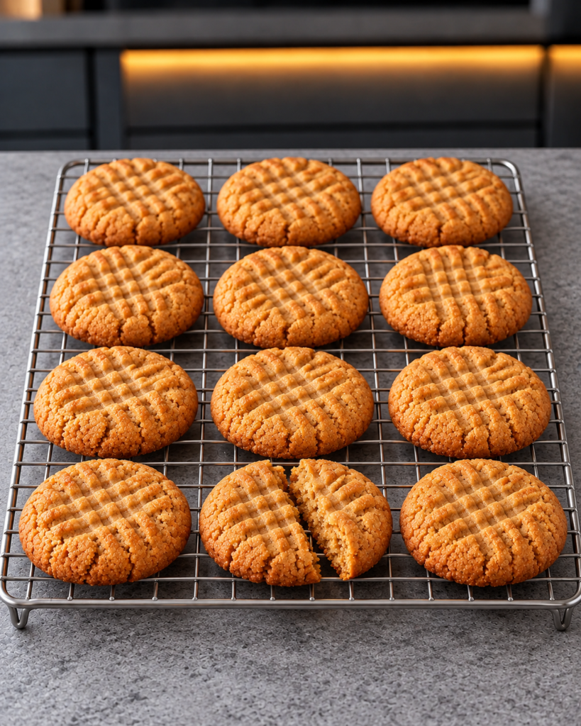 Twelve baked sugar-free peanut butter cookies cooling on a wire rack, one broken in half