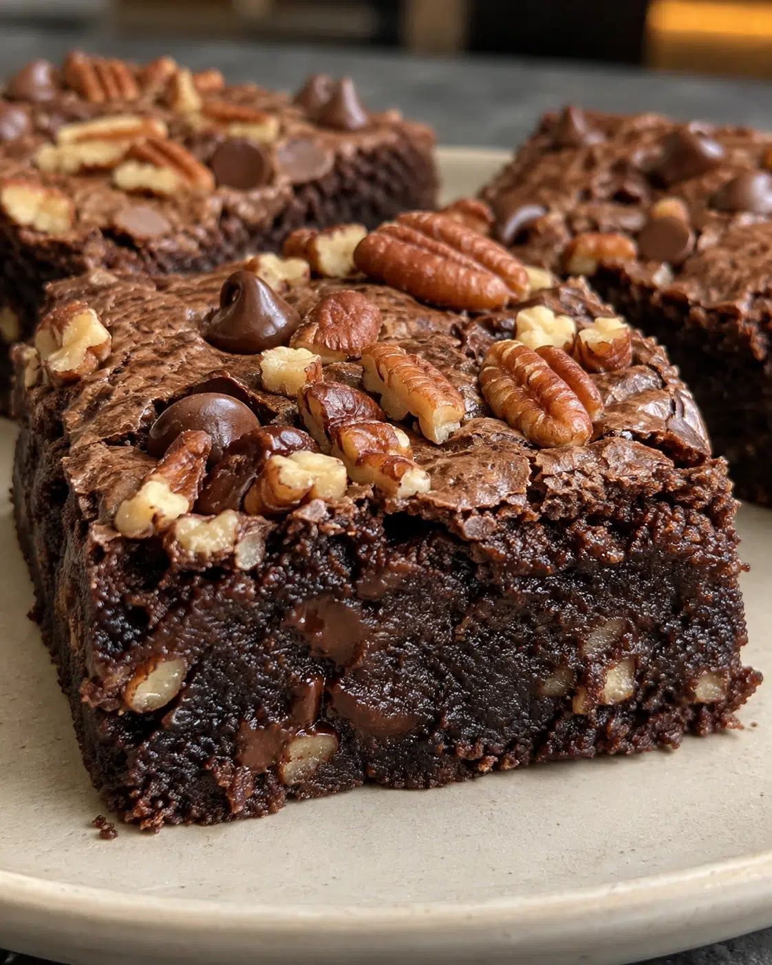 Sugar-free pecan brownies: fudgy dark chocolate squares topped with pecans and chips