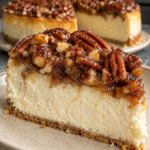 Sugar-free pecan pie cheesecake slice with creamy filling and glossy pecan caramel topping
