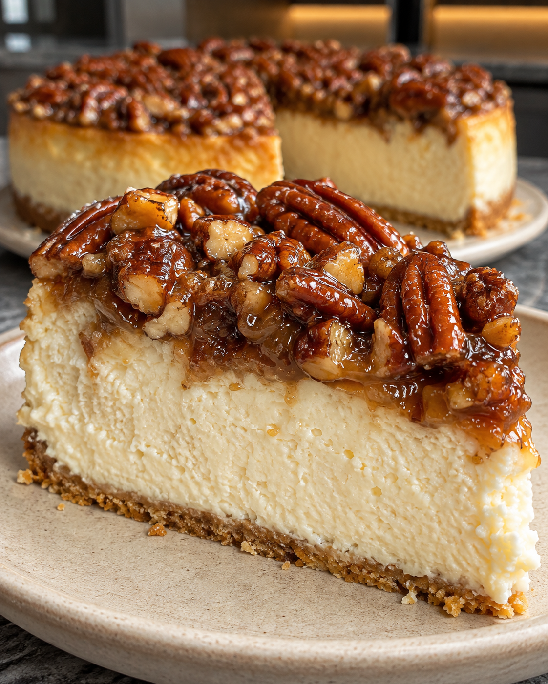 Sugar-free pecan pie cheesecake slice with creamy filling and glossy pecan caramel topping