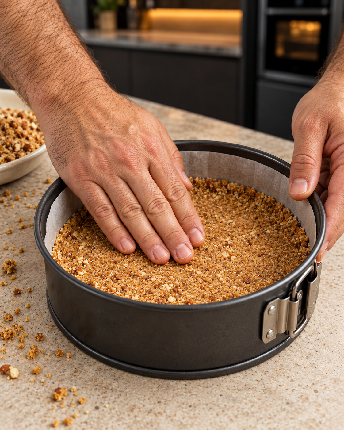 Hands pressing a cinnamon nut crust into a parchment-lined springform pan