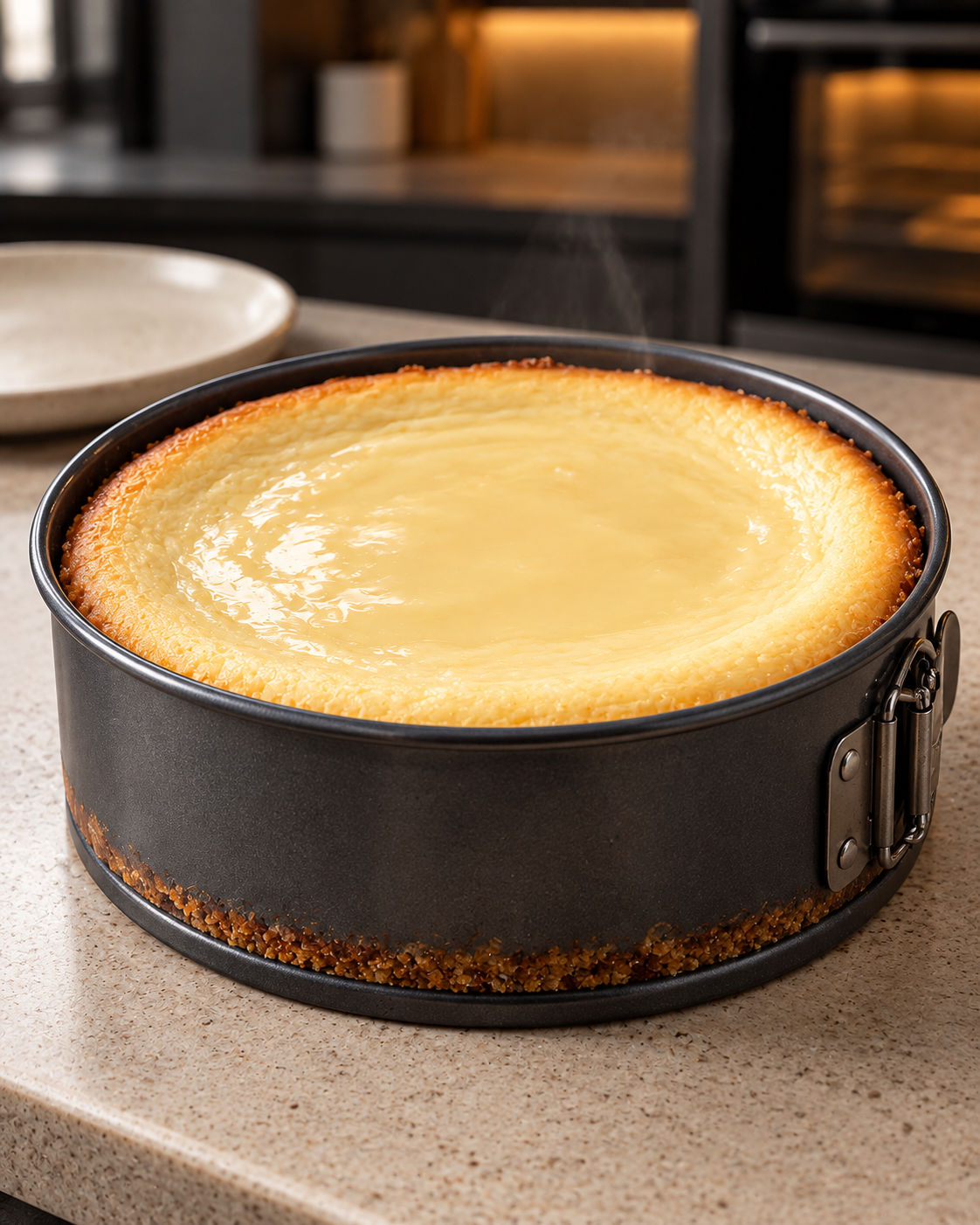 Baked sugar-free pecan pie cheesecake in a springform pan with a softly set center