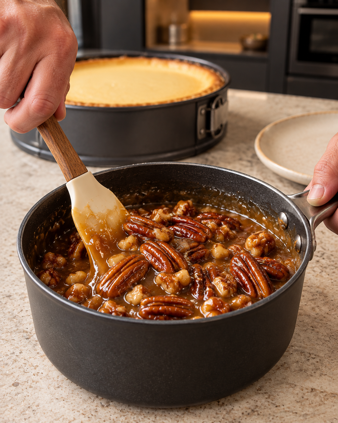 Pecan caramel stirred to light amber in a saucepan beside the baked cheesecake
