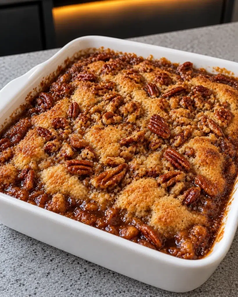 Sugar-free gooey pecan pie cobbler baked in a white square dish with pecans and caramel sauce