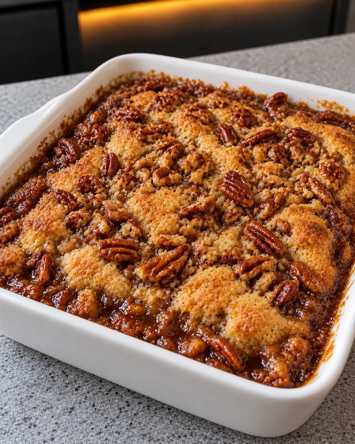 Sugar-free gooey pecan pie cobbler baked in a white square dish with pecans and caramel sauce