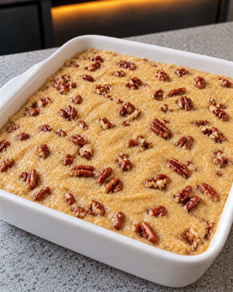 Almond flour cobbler batter with chopped pecans spread in a white baking dish