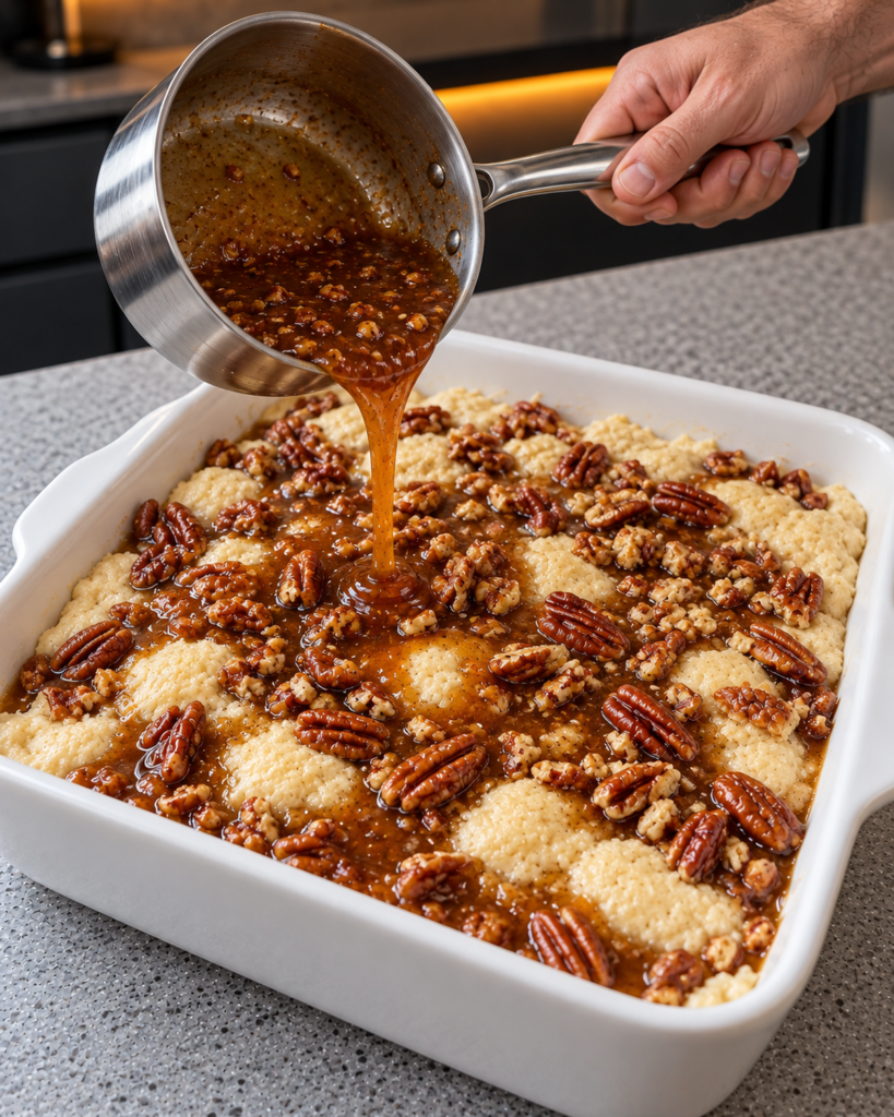 Caramel syrup being poured over pecans on the cobbler batter