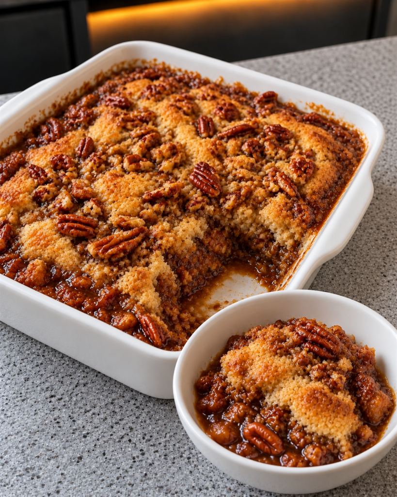A scoop of sugar-free pecan pie cobbler in a bowl next to the baking dish