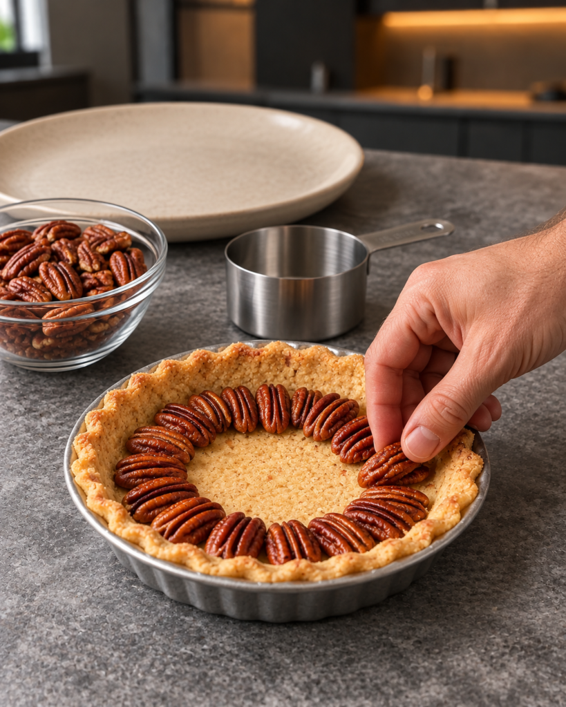 A hand arranging roasted pecan halves in a baked almond crust for this sugar-free pecan pie