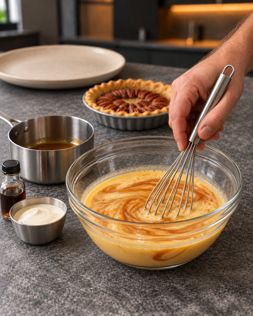 Pale amber allulose caramel marbling into beaten eggs in a glass bowl