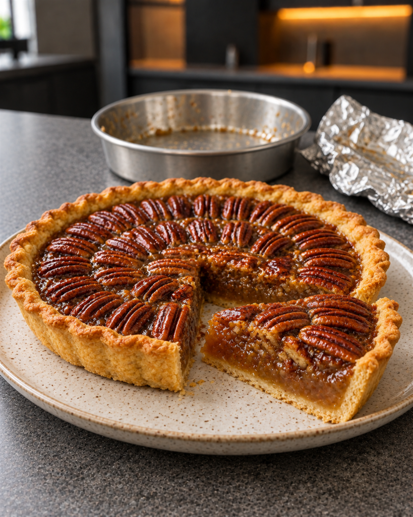 Baked pie with a glossy pecan top, foil removed and one wedge cut open