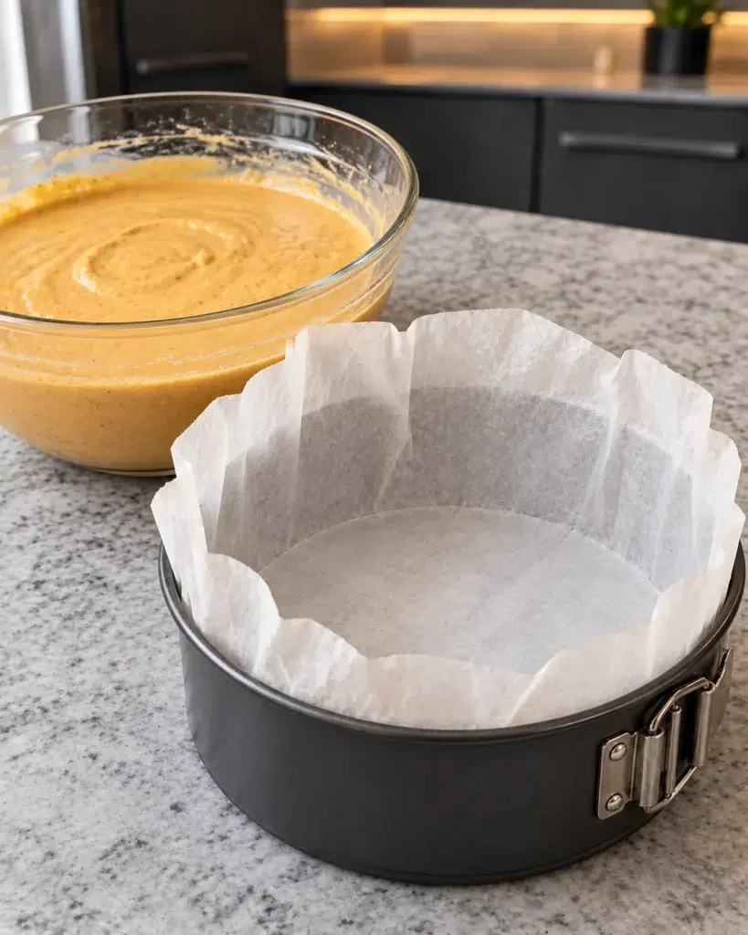 Springform pan lined with wrinkled parchment beside pumpkin cheesecake batter